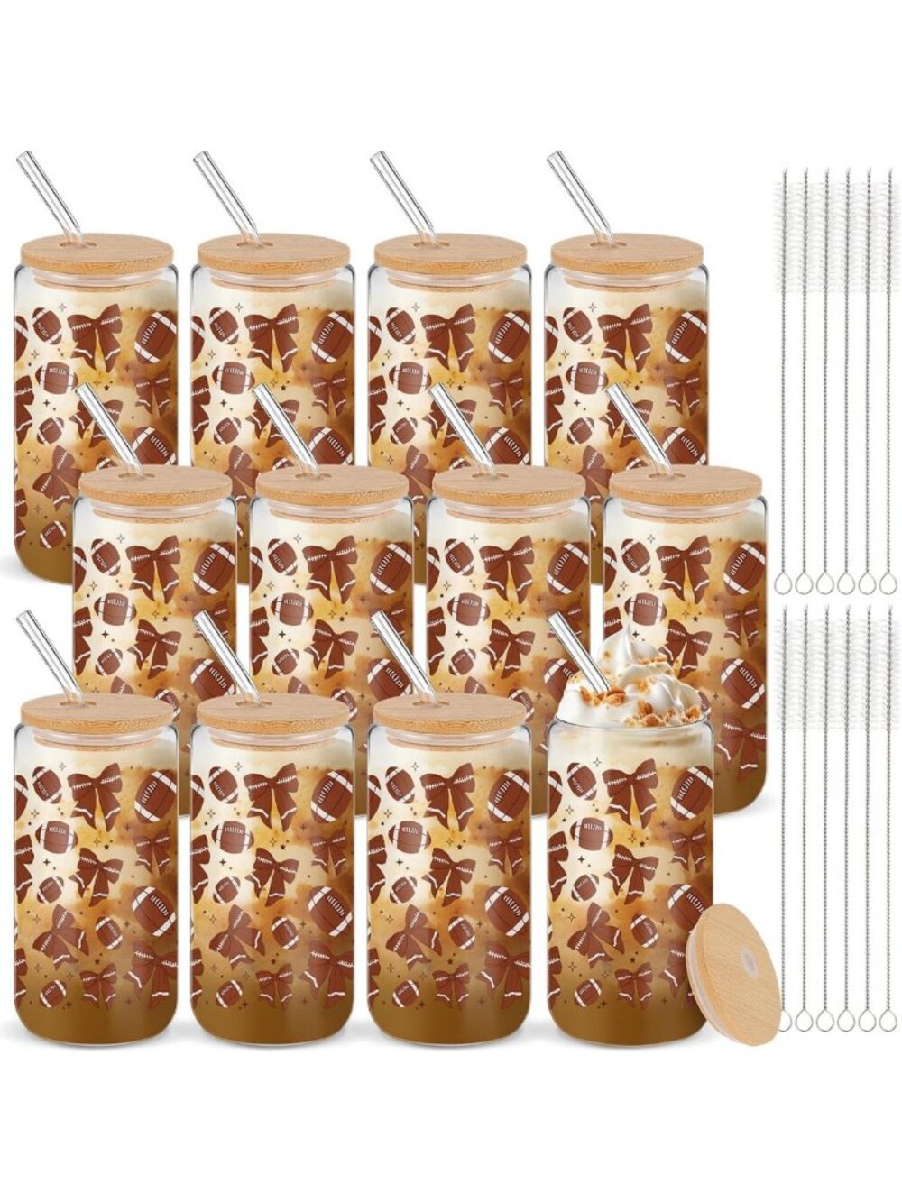 Set of 12 Football Glass Cups with Bamboo Lids & Straws - Perfect for Parties!